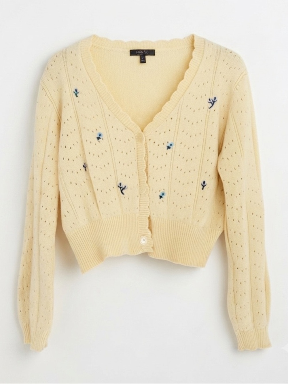 Witty Fox Yellow Floral Embroidered Cropped Cardigan Sweater Pointelle V-Neck L